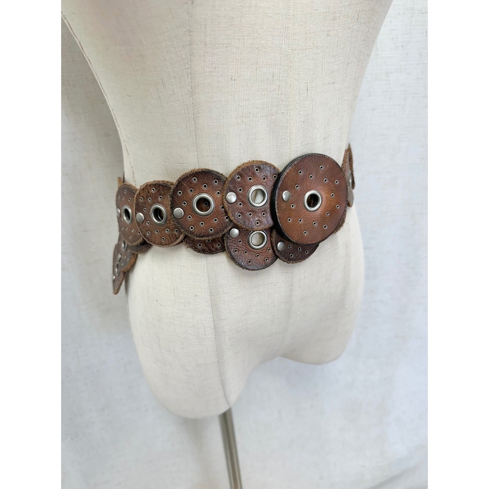 Western boho leather Disc Concho Belt Brown silver grommets SML/MED adjustable - Picture 9 of 16